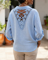 Loose Fit Collared Shirt with Lace Panel Back