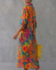 Half Sleeves Loose Buttoned Contrast Color Floral Printed Split-Front Lapel Maxi Dresses Shirt Dress