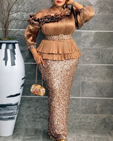 Plus‑Size Pleated Ruffle Peplum Sequin Maxi Dress
