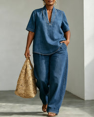 High-quality Casual Vintage Denim V-neck Short-sleeve Top and Pants Set