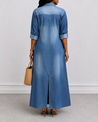 Collared Long Sleeve Retro Denim Pocket Maxi Dress