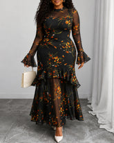 Elegant Sexy Mesh Patchwork Colorful Floral Print Retro Flare Sleeve Ruffle Hem Layered Dress