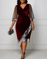 Women's Gold Velvet Irregular Sequins See-through Mesh Dress