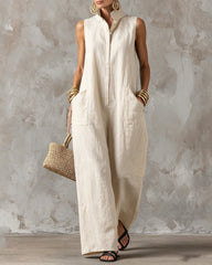 Stand-up Collar Sleeveless Linen Button-down Loose Wide-leg Jumpsuit
