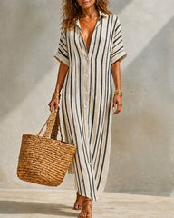 Stylish Short-sleeved Loose-fitting Casual Striped Shirt Dress