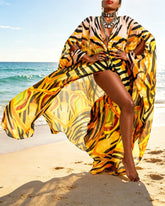 V-Neck Sexy Yellow Tiger Stripes Print Casual See-Through Chiffon Shirt Dress