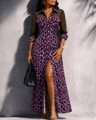 Lapel Collar Button‑Front Leopard Mesh Casual Dress with Slit