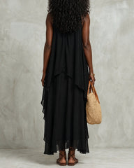 Black Chiffon Layered Round Neck Sleeveless Maxi Dress
