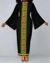 African Geometric Print Round Neck Bell Sleeve Bodycon Long Dress