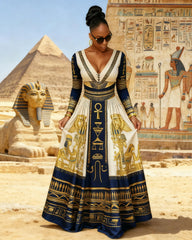 V Neck Black Culture Egyptian Symbols Long Sleeves Maxi Dress