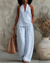 Simple Vertical Stripes V-neck Cotton Linen Vest and Wide-leg Pants Two-piece Set