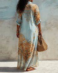 Silk Texture Abstract Print Relaxed Maxi Shirt Dress