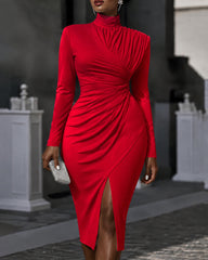 Turtleneck Long Sleeve Ruched Wrap Midi Dress