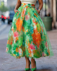 Watercolor Floral Print Tulle High Waist A‑Line Midi Skirt With Pockets