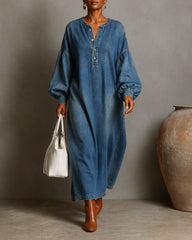 Washed Denim Henley Collar Lantern Sleeve Dress