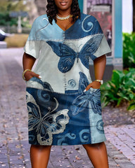 Multicolor Denim Patch Butterfly Print Pocket Casual Dress