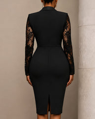 Lace Patchwork Long Sleeve Notched Collar Casual Commuting Waist-Cinching Blazer Dress