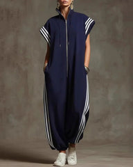 Contrast Color Pockets Split-Joint Striped Zipper Stand Collar Jumpsuits