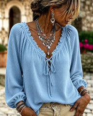 V-neck Drawstring Tie Lace Waffle Knit Long-sleeved Top