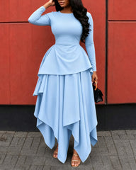 Elegant Long Sleeve Round Neck Layered Irregular Hem Maxi Dress