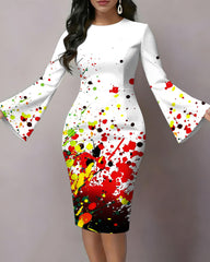Reggae Color-Block Splash Ink Print Flared Sleeves Mini Dresses