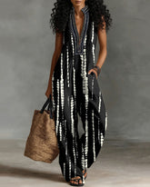 Tie-dye Geometric Patterns Linen Blend Sleeveless Jumpsuit With Zipper And Stand Collar