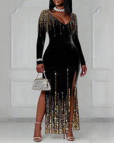 V-neck Women's Party Wear Sequin Printed Long Sleeve Bodycon Dress