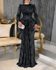 Elegant Floral Printed Long Sleeve Mermaid Maxi Dress