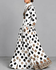 High Waisted Long Sleeves Big Hemline Buttoned Contrast Color Pleated Pockets Polka-Dot Stand Collar Maxi Dresses