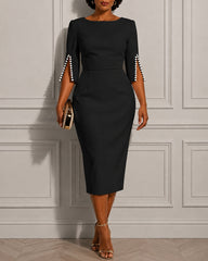 Women's Round Neck Pearl Sleeve Bodycon Dress