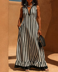 Zipper Striped Split-Joint Ruffled Pockets Contrast Color Sleeveless Loose Stand Collar Maxi Dresses