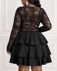Plus Size Black Lace Long Sleeve Mini Dress
