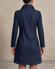 Dark Denim Stand‑Coller Half‑Zip A‑Line Mini Dress