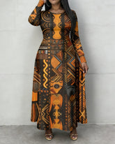 Geometric Totem Tribal Prints Crewneck Long Sleeve Pocket Dress