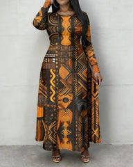 Geometric Totem Tribal Prints Crewneck Long Sleeve Pocket Dress
