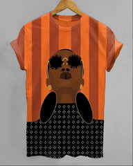 Black Women Big Earrings Illustration Round Neck Short Sleeve Shirt