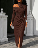 Solid color One-shoulder Draped Asymmetrical Maxi Dress