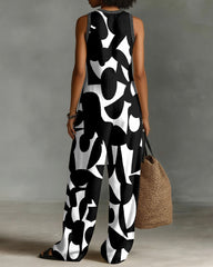 Geometric Print Linen Blend Sleeveless Jumpsuit With Zipper And Stand Collar