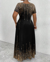 Elegant Glitter Print Round Neck Short Sleeve Maxi Dress