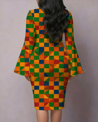 Traditional African Pattern Flared Sleeves Mini Dresses