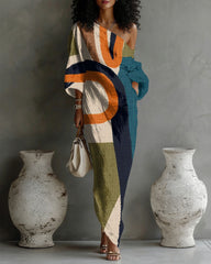 Abstract Striped Color Blocking Cotton-Linen Blend One-Shoulder Flowing Elegant Dress