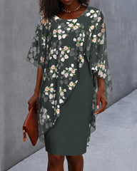 Floral Print Chiffon 2-Piece Set Crew Neck Mini Dress