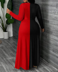 Simple Contrasting Colors Round Neck Long Sleeve Maxi Dress