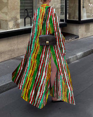 Contrasting Watercolor Stripes Hem Slit Shirt Collar Long Sleeve Maxi Dress
