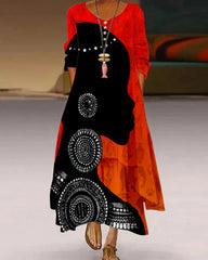 Vintage African Girl Printed Round Neck Long Sleeve Dress