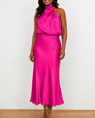 Women's Satin Halter Design Midi Dress