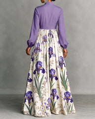Flower Print Contrast Color Buttoned Pockets Loose Long Sleeves Stand Collar Maxi Dresses