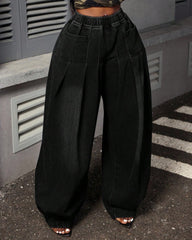 Plus Size High-waisted Pleated Wide-leg Lantern Jeans