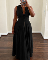 Round Neck Zipper High Waist Maxi Dresses