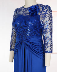 Plus Size Royal Rhinestone Lace Sheer 3/4 Sleeve Twisted Waist Mermaid Maxi Evening Gown